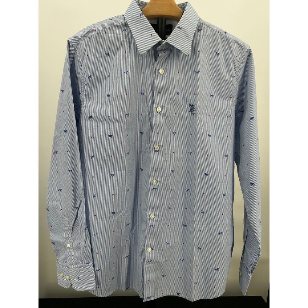 U.S. Polo Assn Tailored Fit Dress Shirt Blue Stripe Horse Print Men's Large 42cm